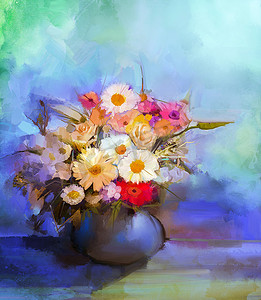 油画花卉摄影照片_花瓶里的油画花。