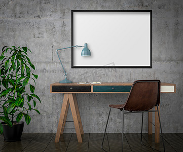模拟海报、桌子和椅子，3d 插图