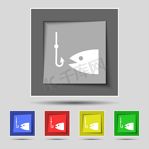 原始五个彩色按钮上的钓鱼图标标志。