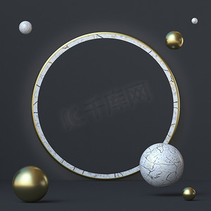 抽象背景白色和金色圆框与球体 3D