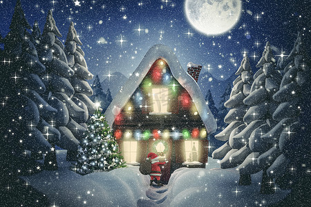 冬天卡通下雪摄影照片_卡通圣诞老人背着麻袋的复合形象