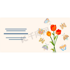 手绘蝴蝶花卉摄影照片_与蝴蝶卡模板的花卉插图。