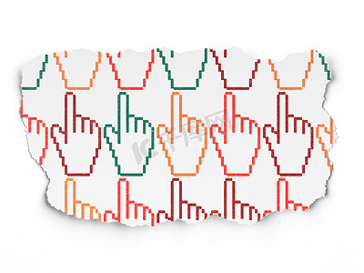 营销理念： 撕纸背景上的鼠标光标图标