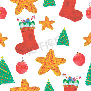 水彩星星摄影照片_无缝圣诞水彩图案与袜子、糖果、圣诞树、星星、球