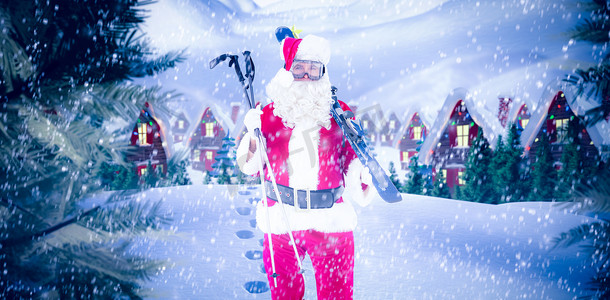 圣诞老人拿着滑雪板和滑雪杖的复合形象