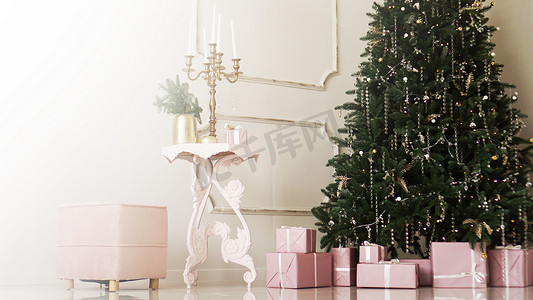 圣诞树下有丝带的粉色礼物盒