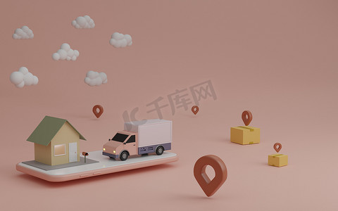 位置图标定位摄影照片_在线送货服务应用程序概念、送货车和移动 pho