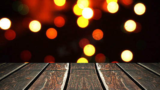 灯光闪烁摄影照片_夜晚的透视木材和散景背景以及灯光闪烁的眩光。