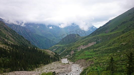 这条河从山间的绿色峡谷中流过。