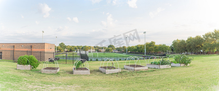 美国小学全景排高床花园和背景足球场