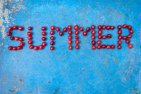 word纹理摄影照片_Word Summer 由带纹理的蓝色背景上的樱桃制成