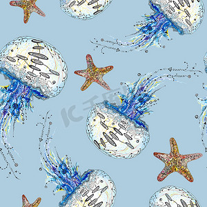 水彩水母和海星图案