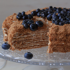 生日蛋糕蛋糕摄影照片_浅色木质背景中的自制蜂蜜蛋糕
