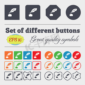 Feather, Retro pen icon sign 一大套五颜六色、多样化、高质量的按钮。