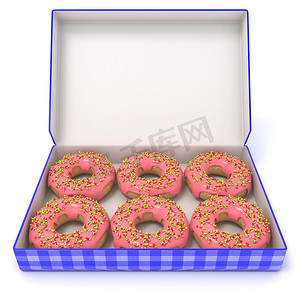 盒子粉色摄影照片_蓝色盒子里的六个粉色甜甜圈。