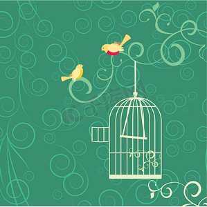 “几只黄色的鸟，打开笼子，在绿色背景上茁壮成长”