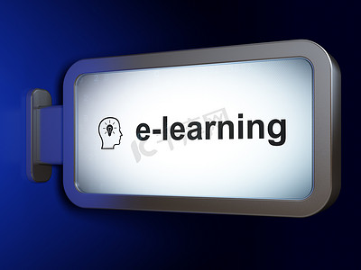 教育理念：电子学习和广告牌背景上的灯泡头