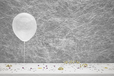 白色派对气球、派对装饰和白色 t 上的五彩纸屑