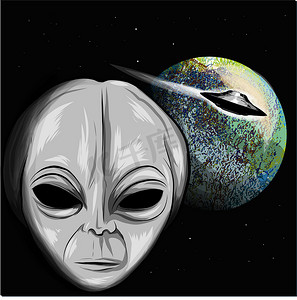 宇宙插画摄影照片_外星人拿着ufo看地球插画