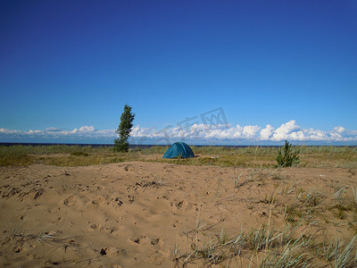 芬兰湾岸边的绿色帐篷。