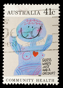 社区文化宣传墙摄影照片_澳大利亚印制的邮票显示漫画“体检”，社区健康