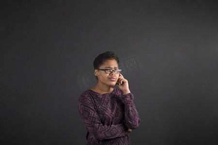 黑板背景下手托下巴思考的非洲妇女