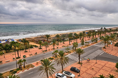 枣椰树摄影照片_在哈马马特、突尼斯、地中海的带枣椰树的海滩小巷