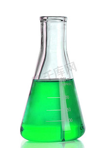 有绿色液体的化工实验室烧瓶