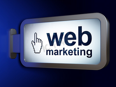 手网页图标摄影照片_网页设计理念：广告牌背景上的网络营销和鼠标光标
