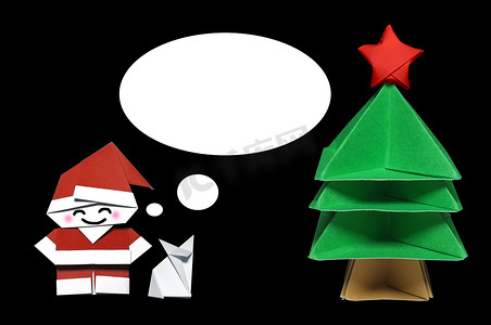 圣诞老人、圣诞树和狐狸形状的折纸，带有标注框