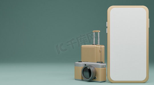 白色屏幕移动模型，带相机和行李，覆盖柔和的 b