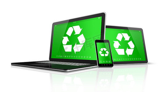 笔记本电脑平板电脑和智能手机在屏幕上带有回收符号