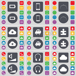 电池、智能手机、星星、云、汽车、拼图部分、音量、耳机图标符号。