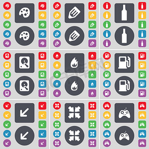 调色板、铅笔、瓶子、硬盘、火、加油站、部署屏幕、游戏手柄图标符号。