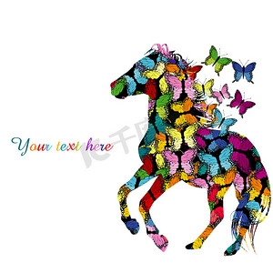 猫插画摄影照片_带有图案的马和蝴蝶的色彩丰富的插画