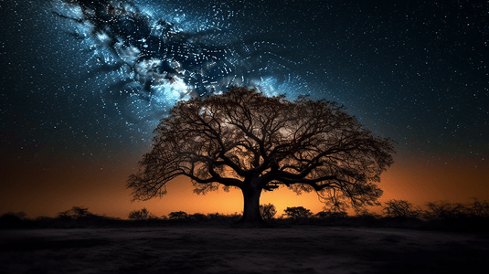 夜晚繁星满天的树影
