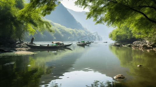 自然风景山水景色小船