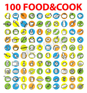 100 个矢量食物和厨师图标、徽章、标签集。