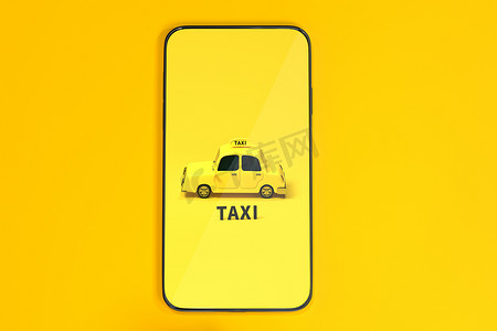 创意卡通手机摄影照片_迷你 3D 出租车，带手机的迷你车，3d 渲染。