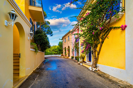 脑脊髓炎摄影照片_凯法利尼亚岛阿索斯的传统街道上有带鲜花的希腊房屋。 