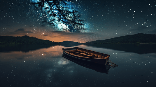 湖上的小船唯美星空夜色夜景色