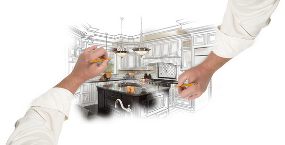 现代素描摄影照片_两个男性的手素描自定义厨房与照片显示通过
