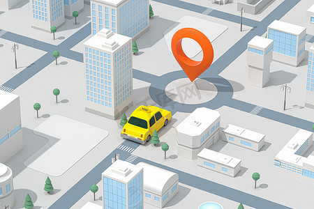 有出租车的迷你城市，交通背景，3d 渲染。