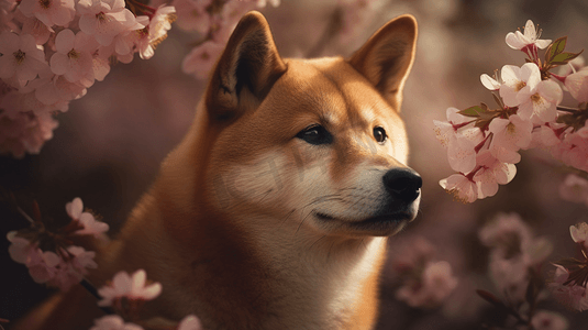 樱花树与小柴犬动物