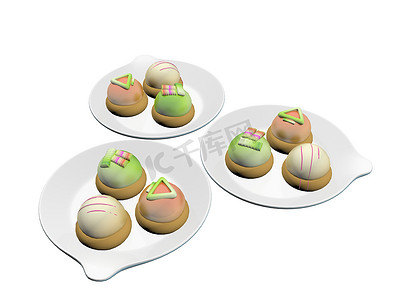 瓷盘子摄影照片_“五颜六色的甜点放在圆形陶瓷盘子上，3d 幻觉”
