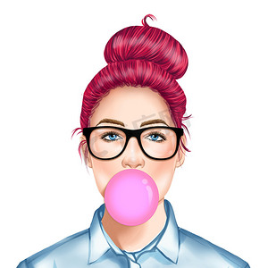 手绘光栅插图-戴着眼镜嚼泡泡糖的漂亮年轻漂亮女孩的时尚插图