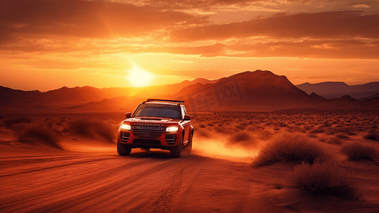 红色日落摄影照片_日落时分，一辆红色的汽车在沙漠中行驶