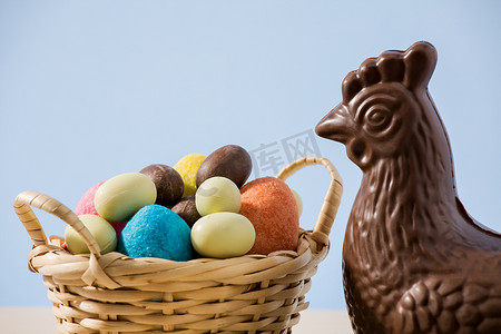 复活节巧克力鸡和鸡蛋的特写