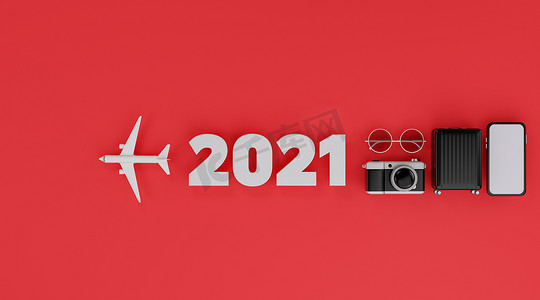 2021 年新年快乐：带飞机的白屏移动模型，c