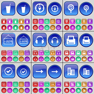 饮料、指南针、棒棒糖、折扣、耳机、打印机、勾号、向右箭头、建筑物。